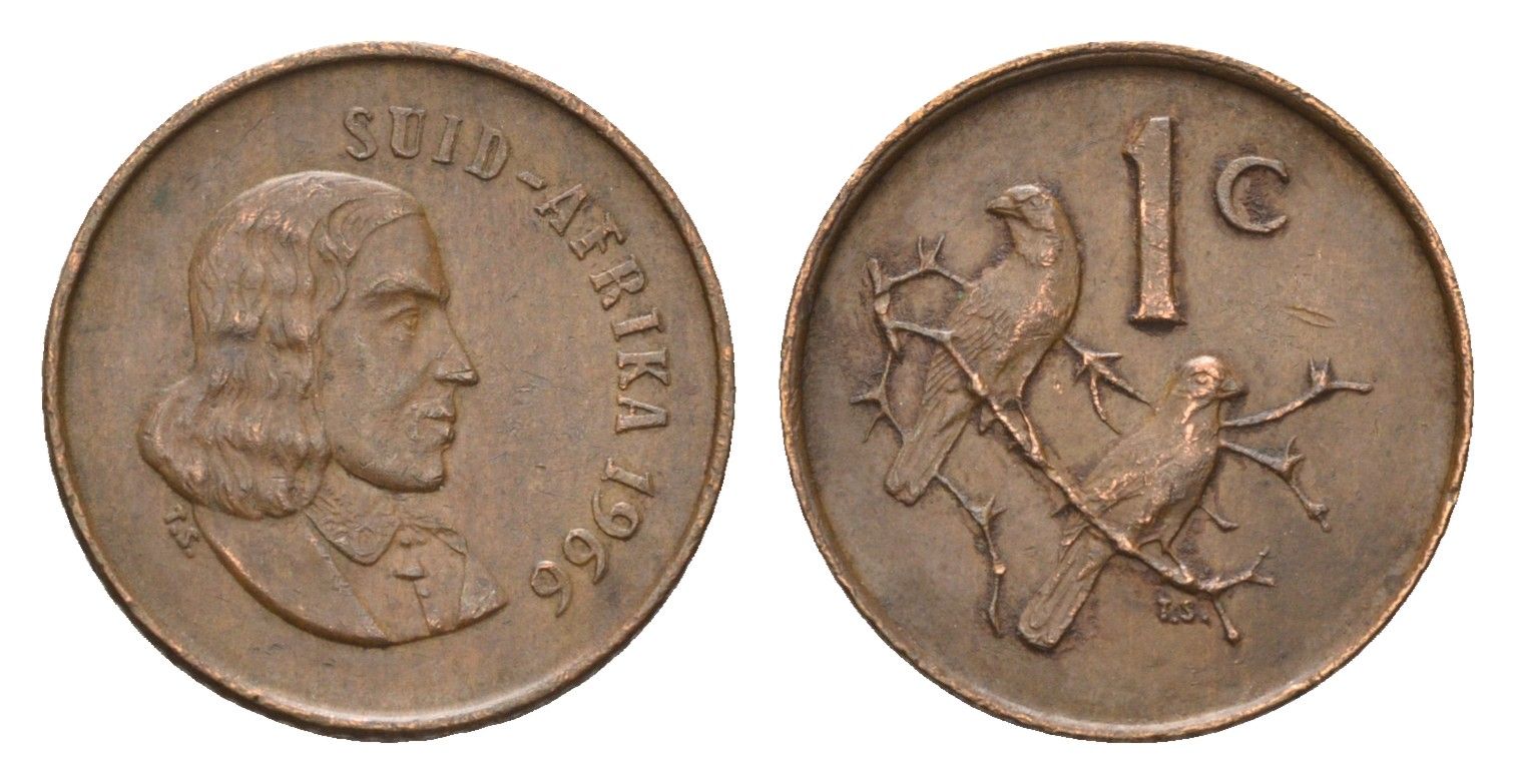ЮАР 1 цент 1966 Ян ван Рибек (1619-1677), Suid Africa, легенда на африкаанс, капские воробьи KM 65.2 бронза 4687-111