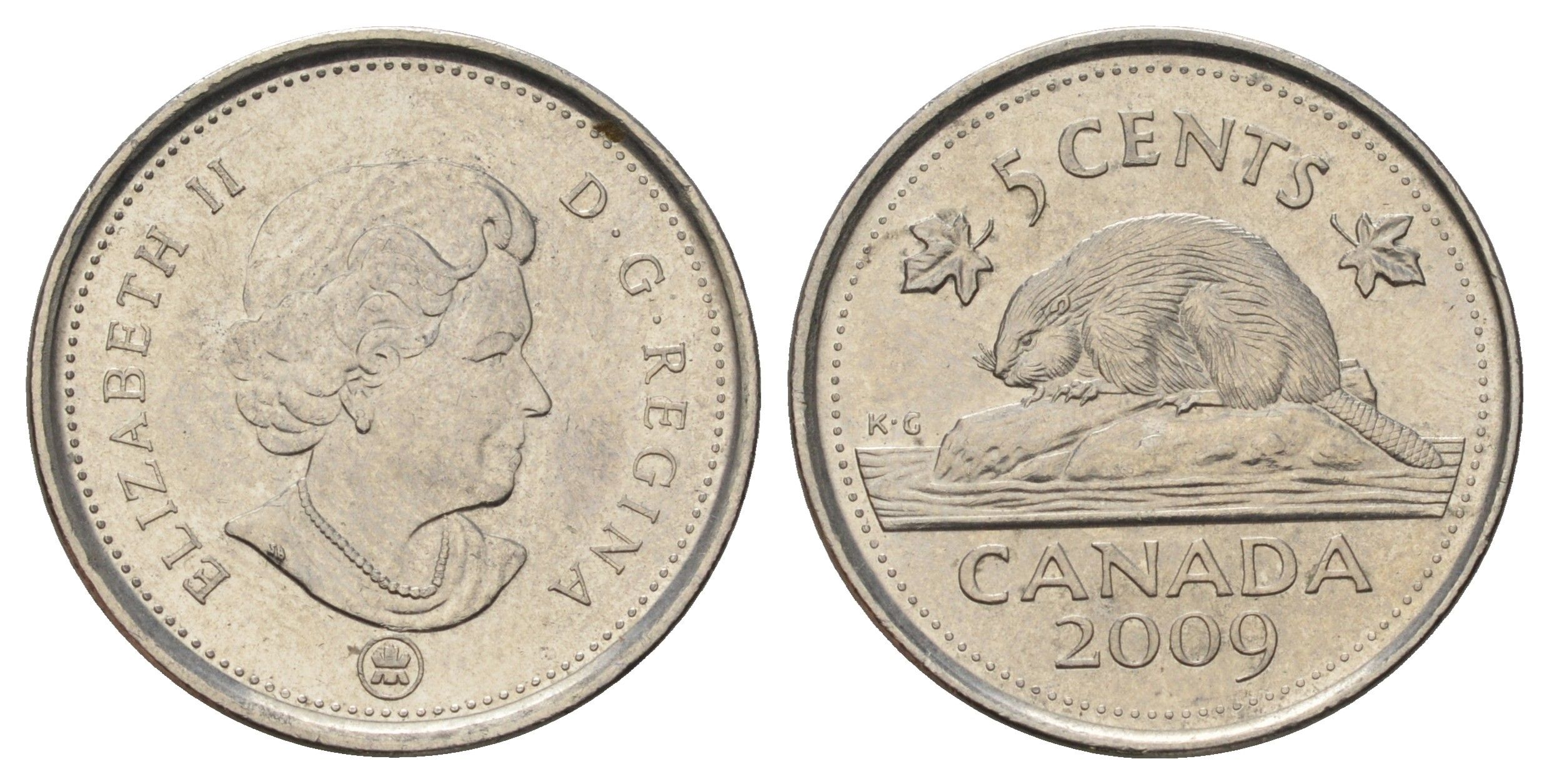 Канада 5 центов 2009 Leaf, Елизавета II (1952-2022), бобр KM 491 сталь плакированная никелем 4689-522