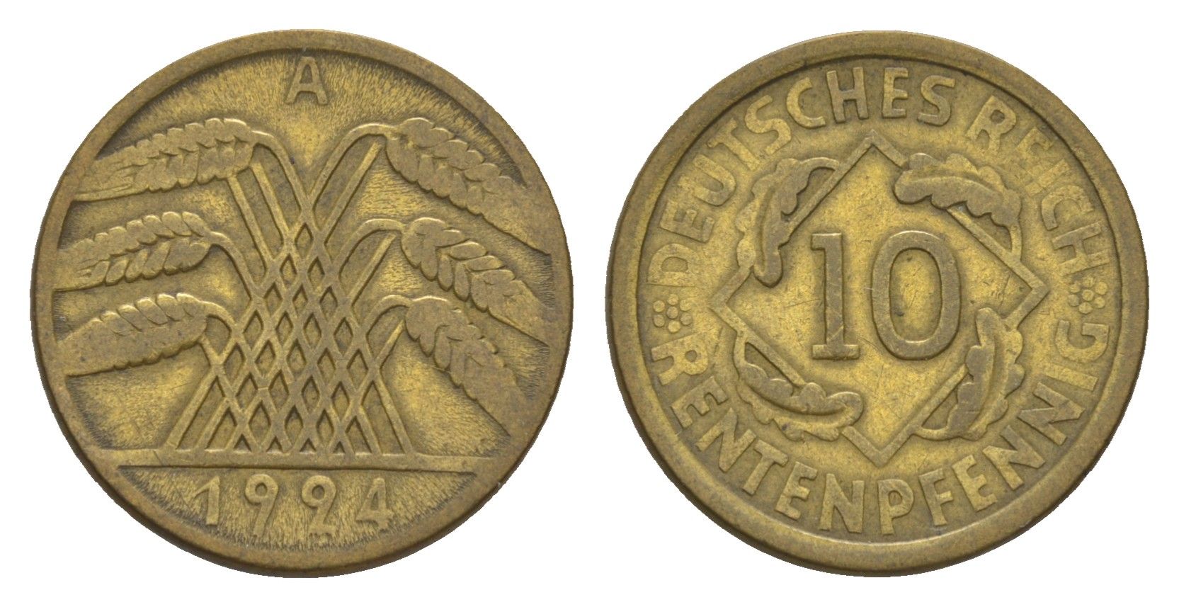 Германия 10 рентенпфеннигов 1924 A KM 33, J. 309 алюминиевая бронза 4615-241