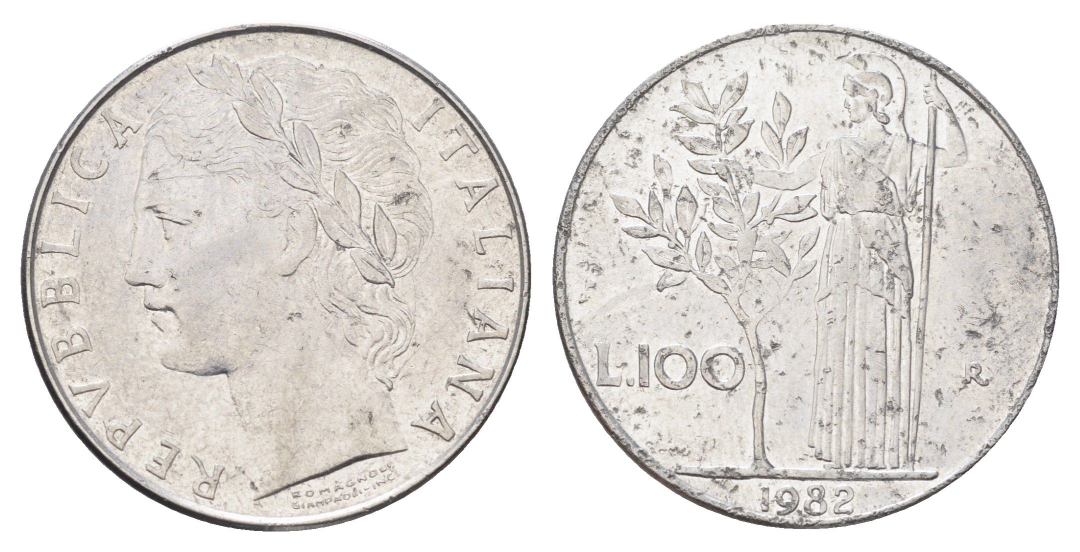 Италия 100 лир 1982 R, Афина в доспехах KM 96.1 нержавеющая сталь 4704-815