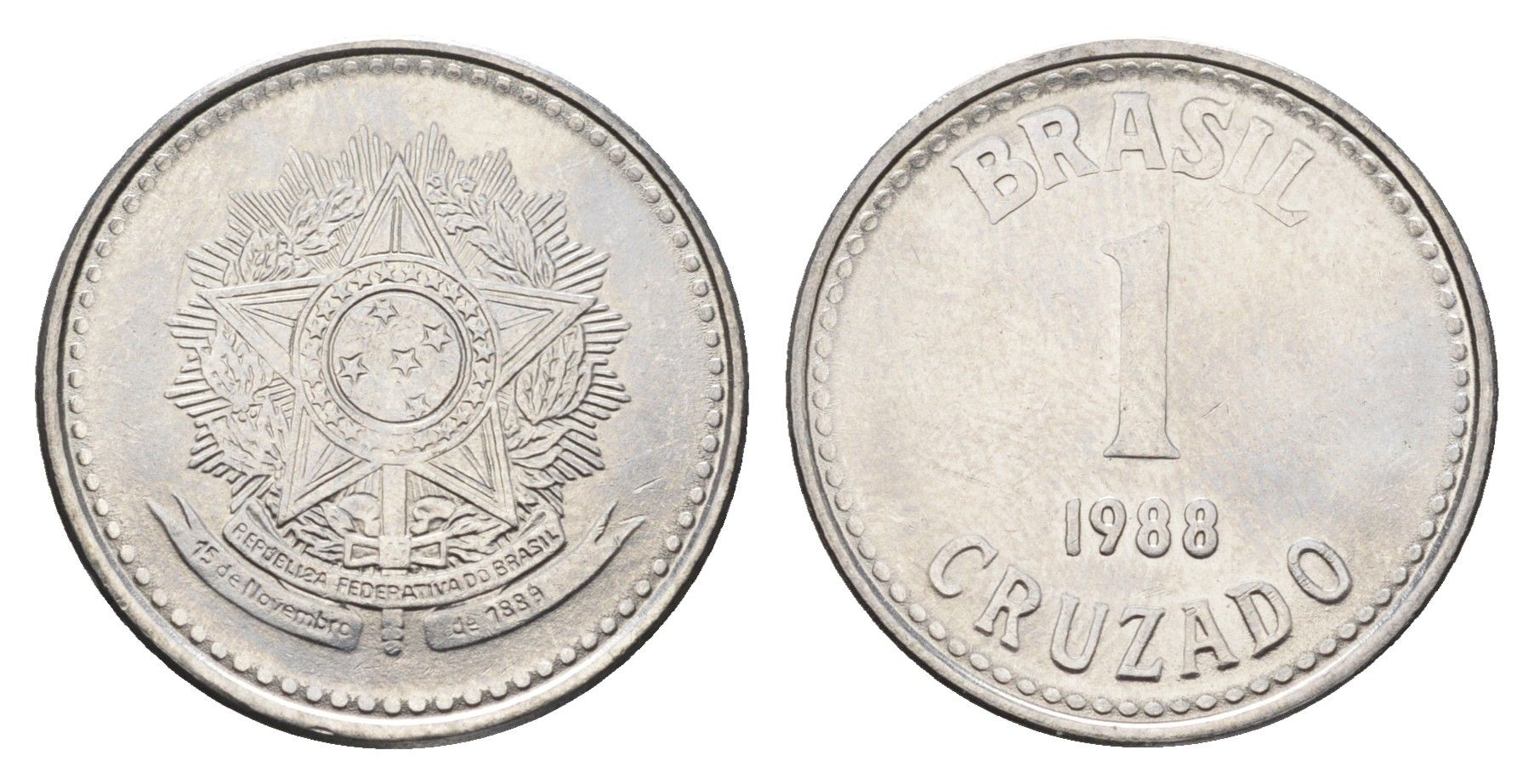 Бразилия 1 крузадо 1988 KM 605 нержавеющая сталь 4663-546
