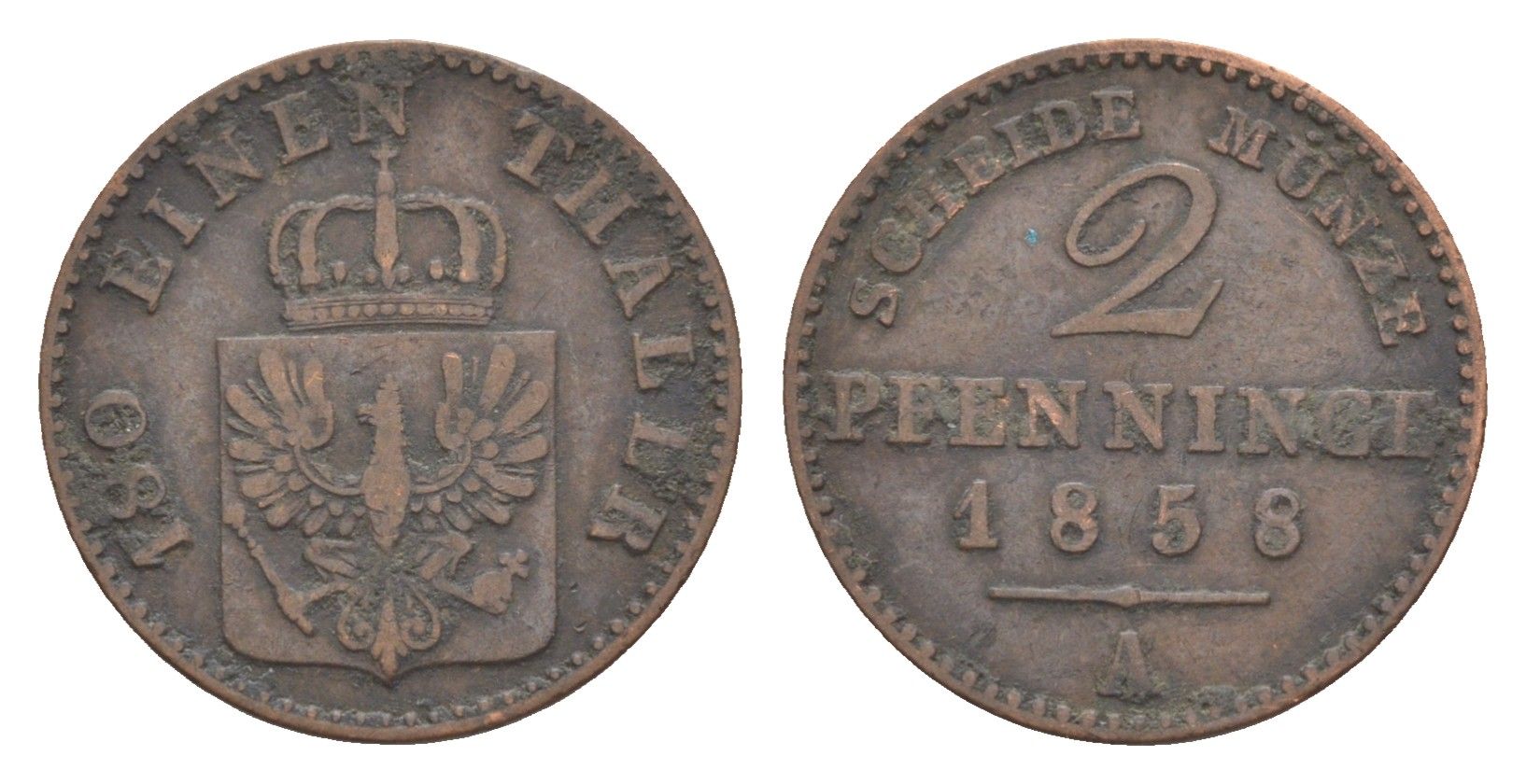 Пруссия 2 пфеннига 1858 A, Фридрих Вильгельм IV (1840-1861) KM 452, Jaeger 51, Olding 336, AKS 91 медь 4651-234