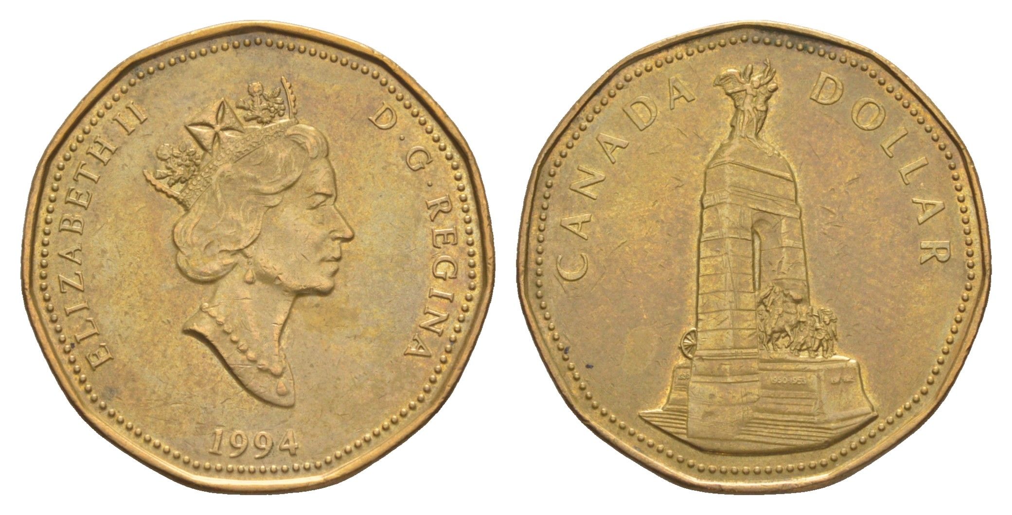 Канада 1 доллар 1994 Национальный мемориал KM 248 никель плакированный позолоченной бронзой 4637-957
