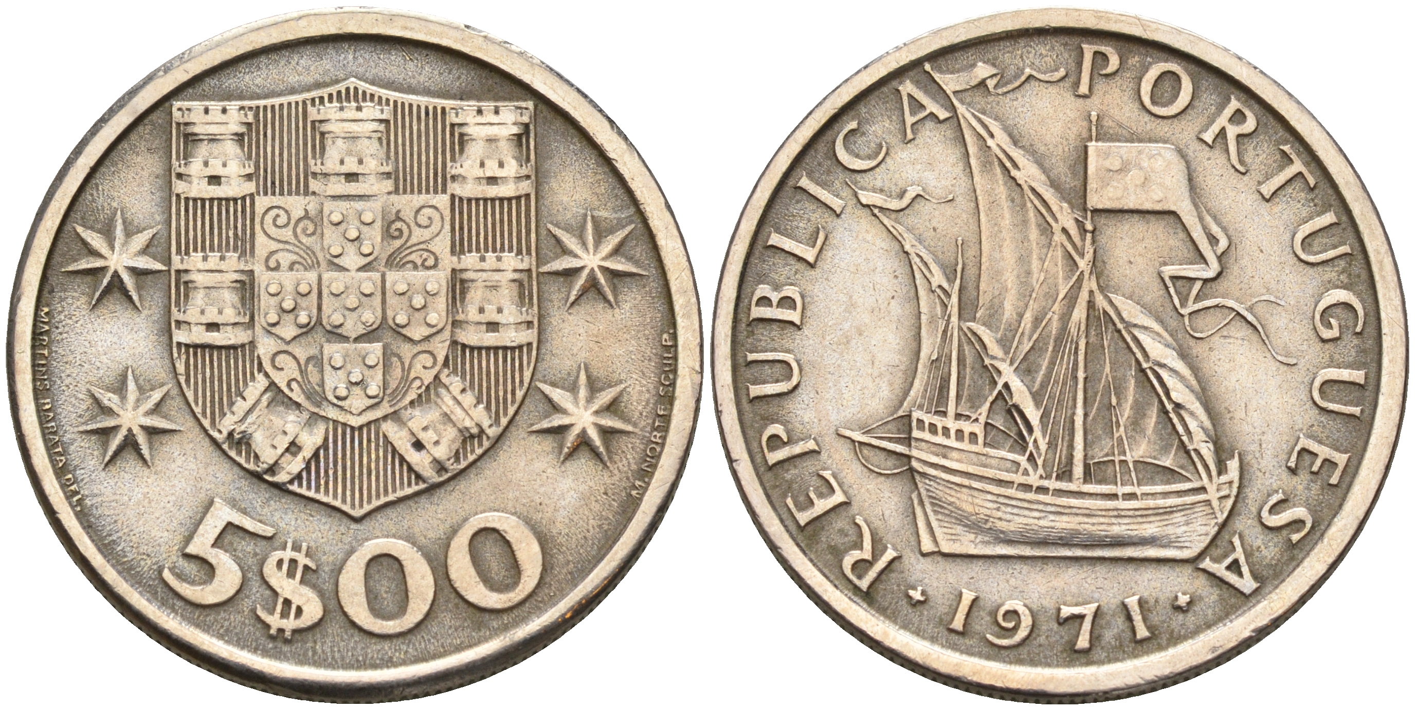 Португалия 5 эскудо 1971 парусник KM 591 медно-никель    4161-755