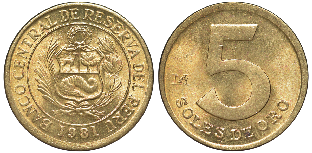 Перу 5 солей 1981 KM 271 латунь aUNC 4605-425
