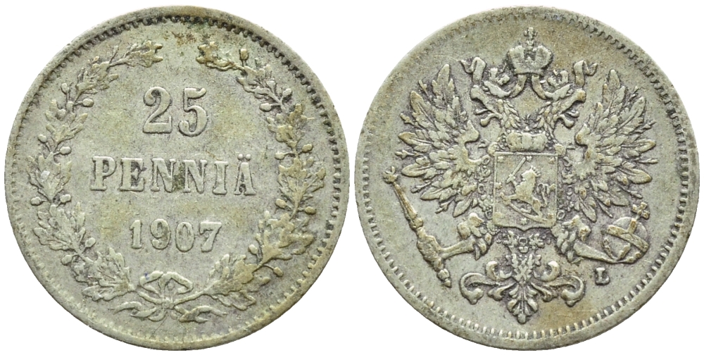 Россия для Финляндии 25 пенни 1907 L, Николай II (1894-1917) KM 6.2, Биткин 415 серебро 57-1113