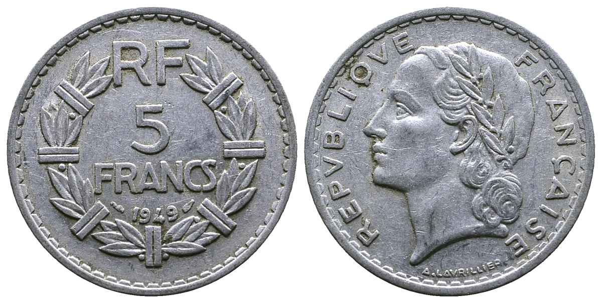 Франция 5 франков 1949 тип Лаврийе KM 888b.1, LE FRANC 339.17 алюминий 4364-4332