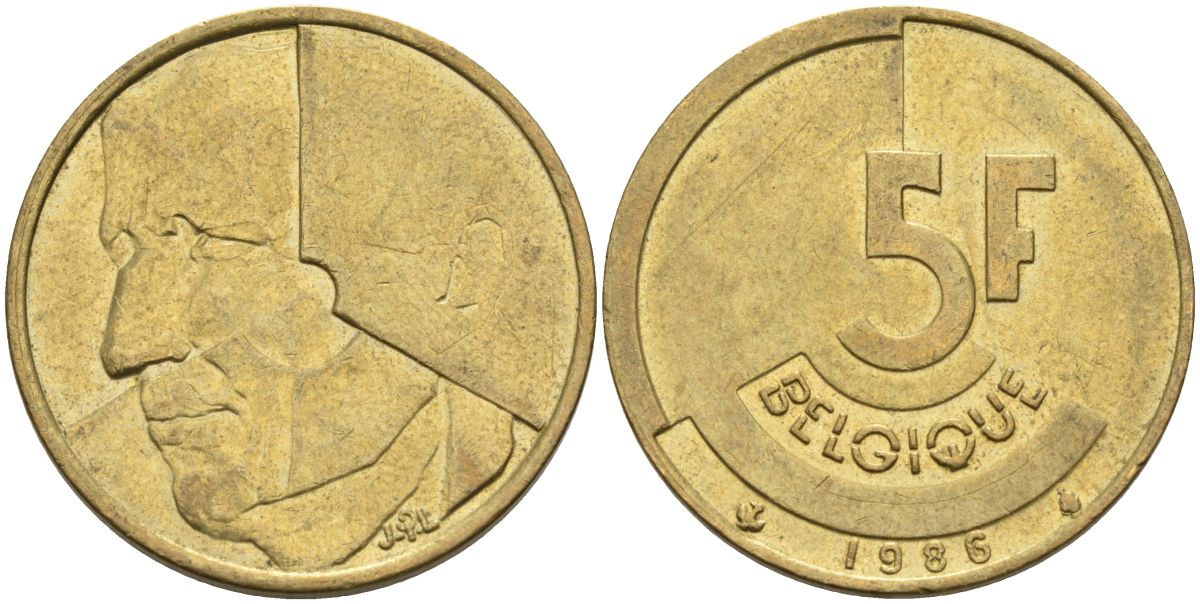 Бельгия 5 франков 1986 Belgique KM 163 алюминиевая бронза 4126-212
