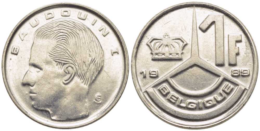 Бельгия 1 франк 1989 Belgique, Бодуэн I (1951-1993) KM 170 железо плакированное никелем 116-1038