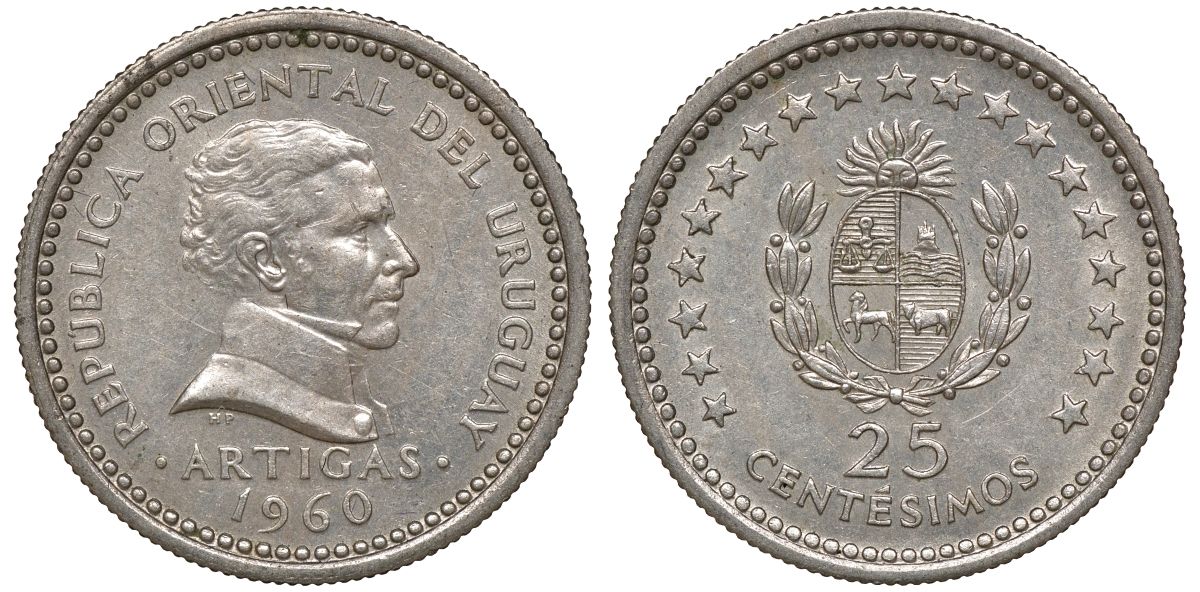 Уругвай 25 сентесимо 1960 KM 40 медно-никель 4169-821