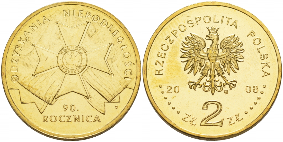Польша 2 злотых 2008 90 лет восстановления независимости Польши KM 650 латунь UNC M11-17
