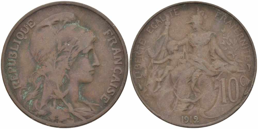ФРАНЦИЯ 10 САНТИМОВ 1912 ТИП ДАНИЭЛЬ ДЮПЮИ KM 843, LA FRANC 136.22 бронза 109-314