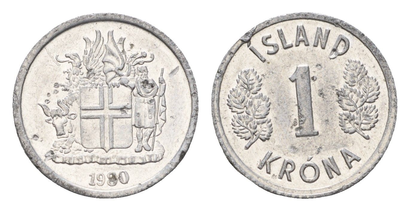 Исландия 1 крона 1980 KM 23 алюминий UNC 4687-825