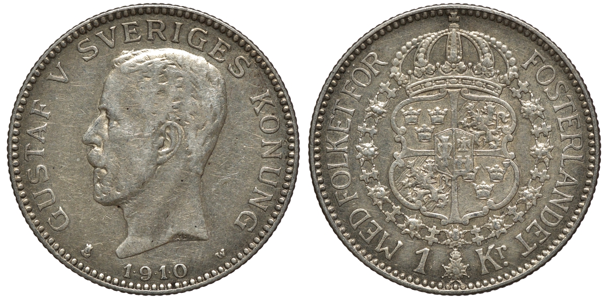 Швеция 1 крона 1910 W, Густав V (1907-1950) KM 786.1 серебро XF 4178-526