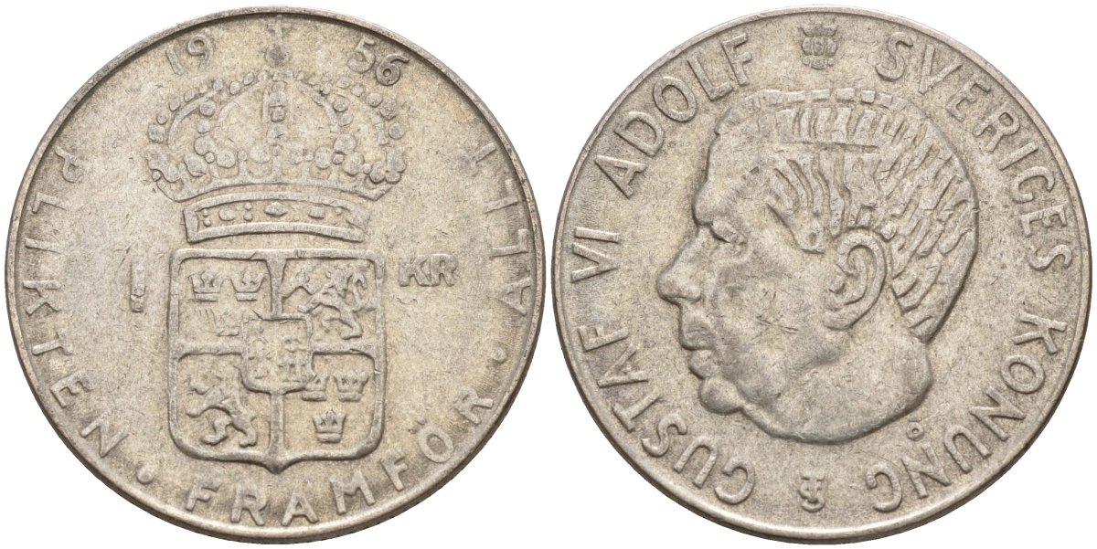 Швеция 1 крона 1956 TS, Густав VI Адольф (1950-1973) KM 826 серебро 4148-1153