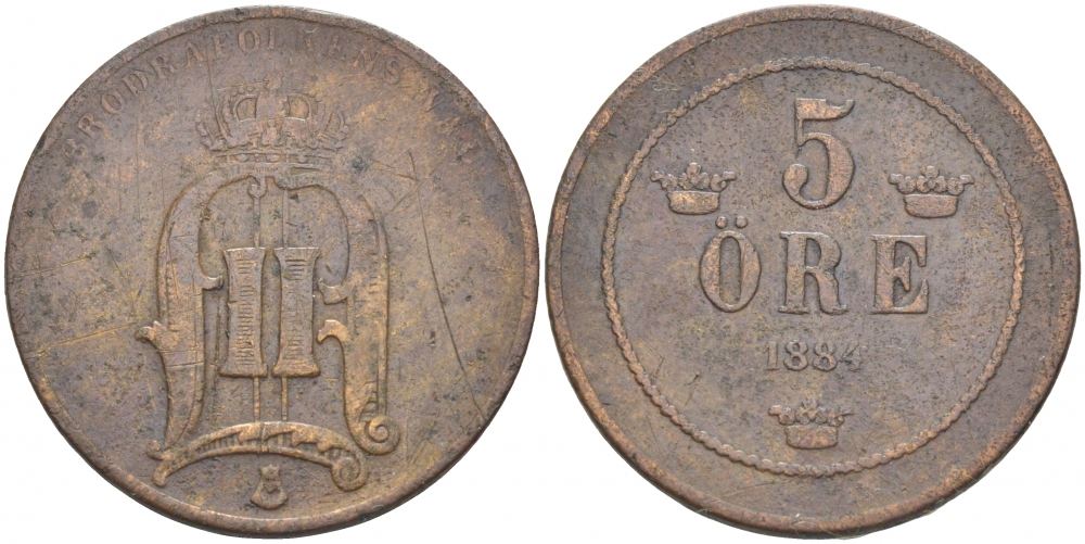 Швеция 5 эре 1884 Оскар II (1872-1907) король Швеции и Норвегии, SMALL LETTERING KM 736 (516) бронза 3457-432