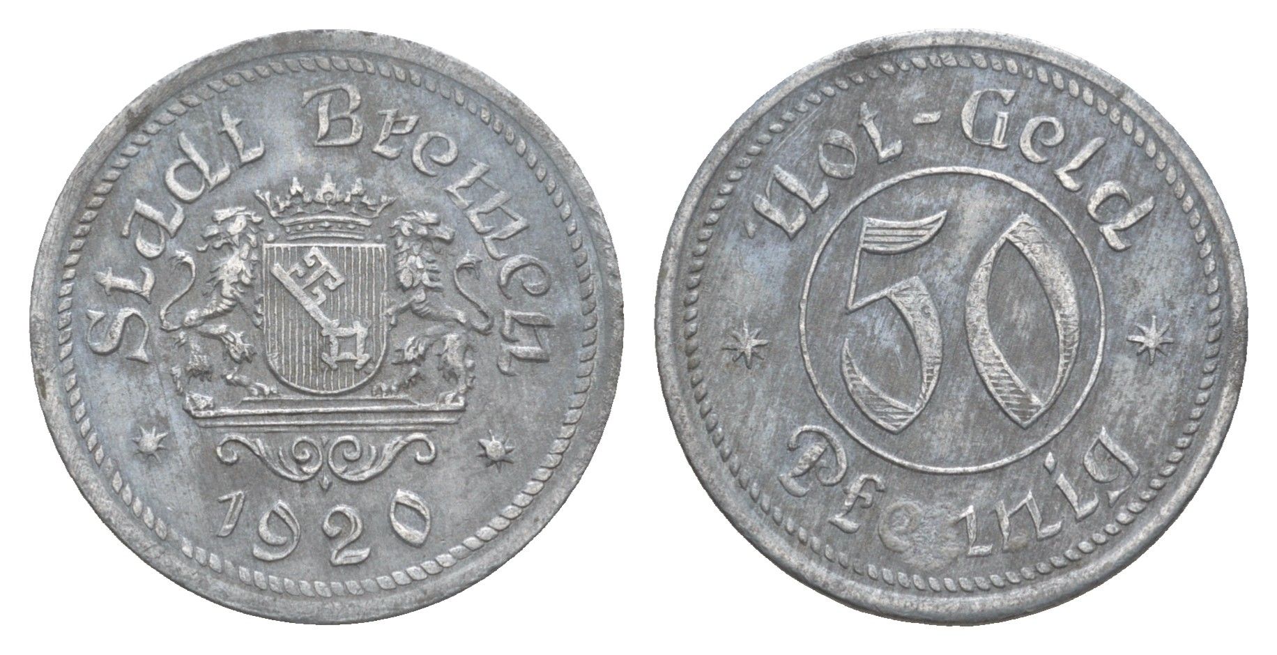 Бремен 50 пфеннигов 1920 Funck 58.2, Men05 3610.1, Men18 4566.1 цинк 4642-511