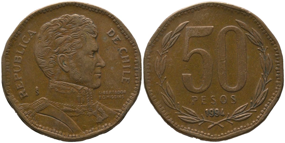Чили 50 песо 1994 So KM 219.2, Schon 70 алюминиевая бронза 4544-314