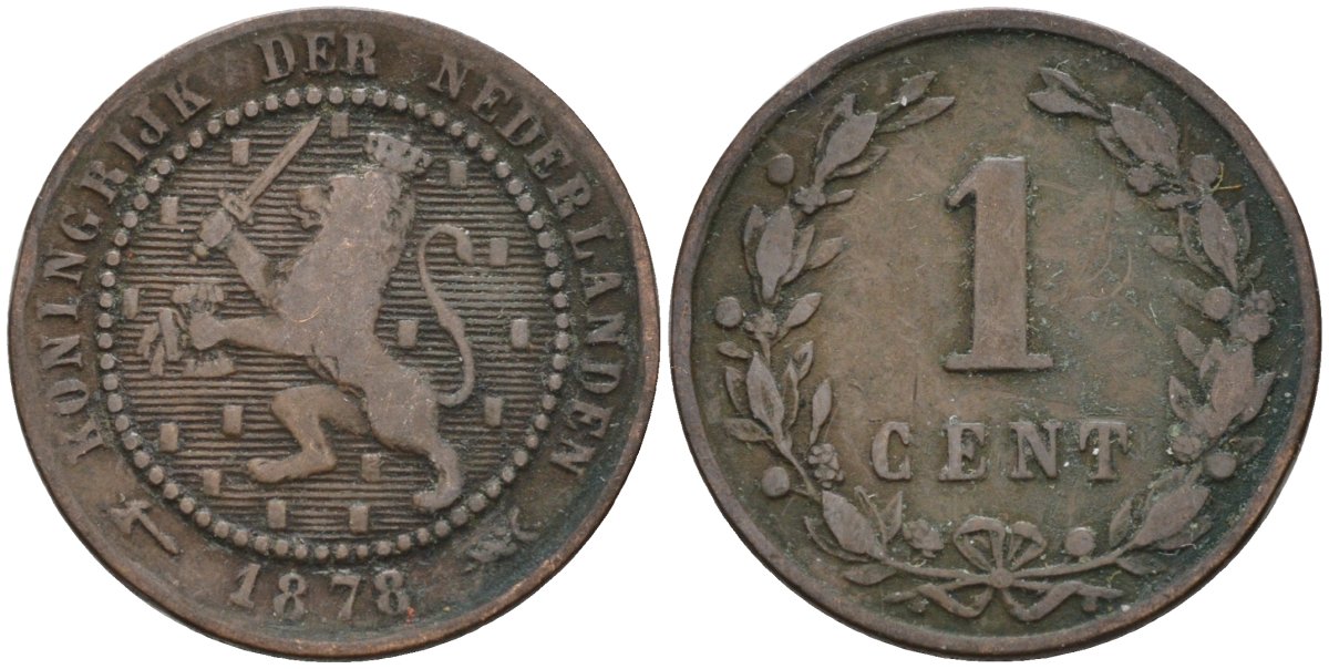 Нидерланды 1 цент 1878 Виллем III (1849-1890) KM 107 бронза 4576-533