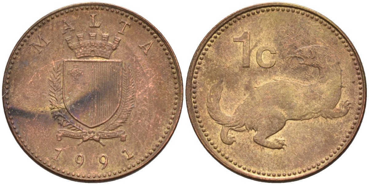 Мальта 1 цент 1991 ласка, горностай KM 93 никель латунь 4585-1159