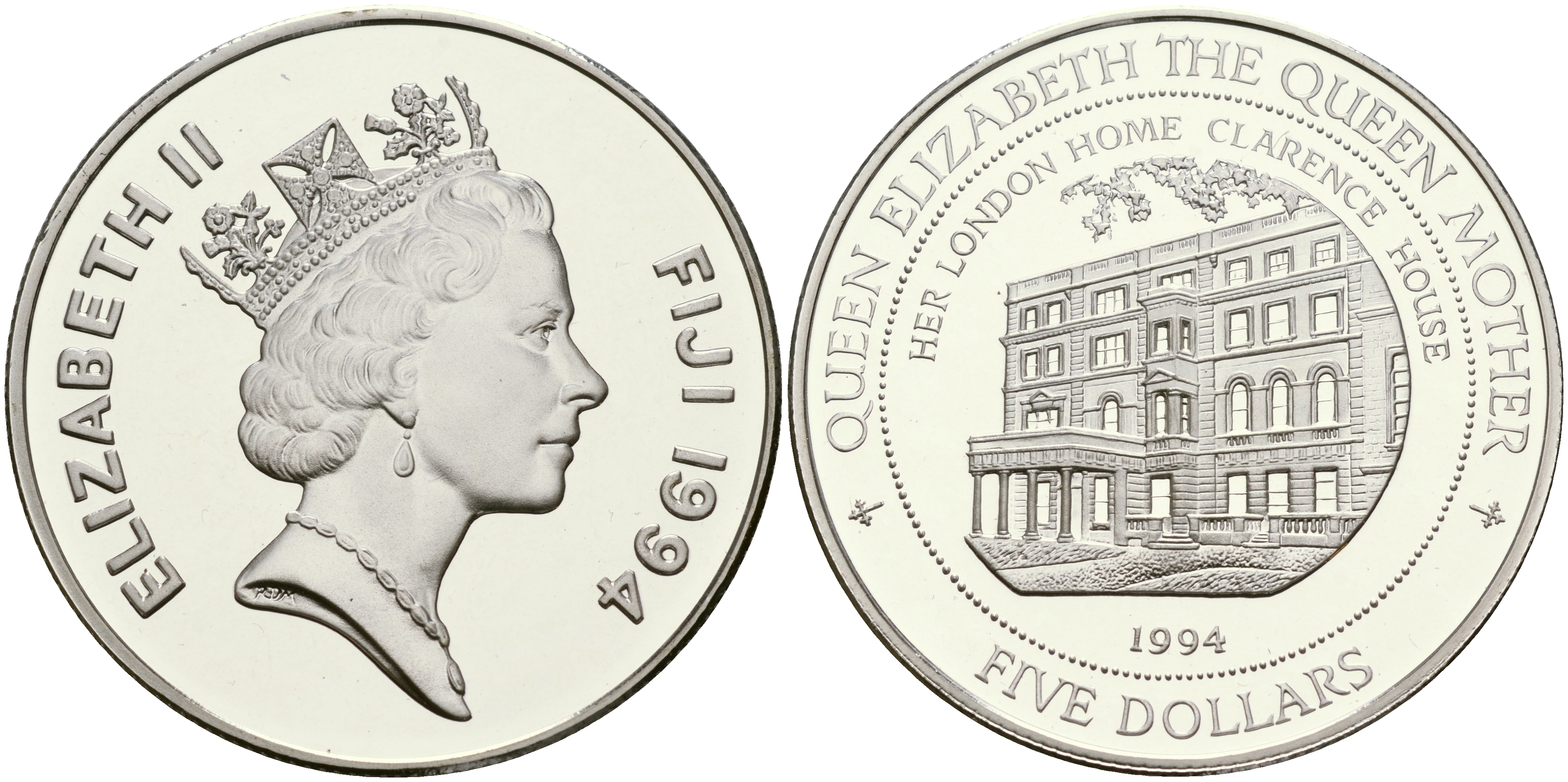 Фиджи 5 долларов 1994 Кларенс-хаус, дом королевы матери KM 69 серебро PROOF 1066-3-33