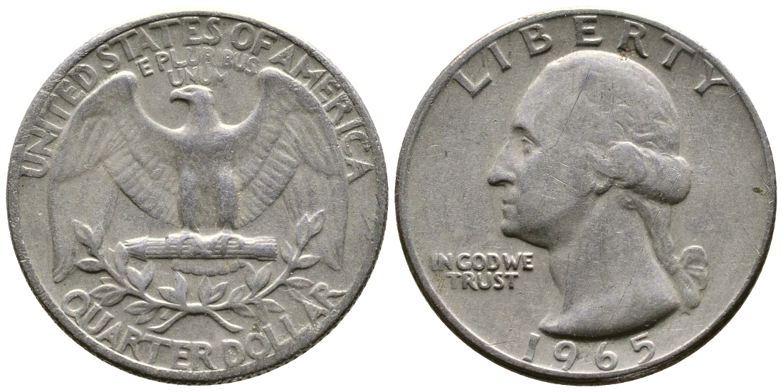 США 25 центов (квотер) 1965 Вашингтон КМ 164а медь плакированная медно-никелем 56-1235