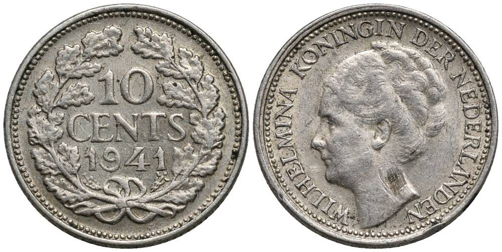 Нидерланды 10 центов 1941 Вильгельмина I (1890-1948) КМ 163 серебро 4549-1049