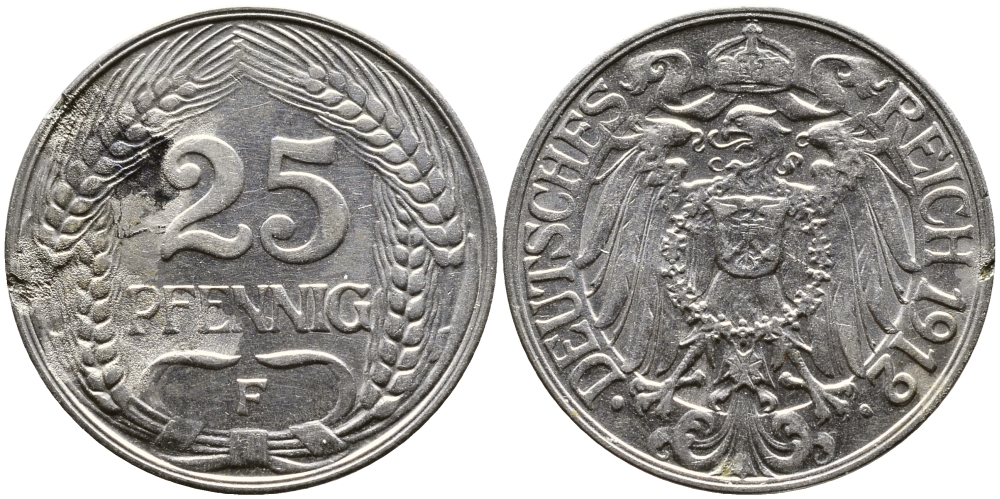 Германия 25 пфеннигов 1912 F KM 18, Weege 12, J.18 никель 93-155