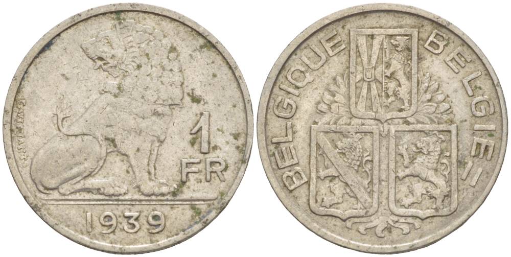 Бельгия 1 франк 1939 Леопольд III (1934-1950), Belgique-Belgie, лев KM 119 никель 4546-227