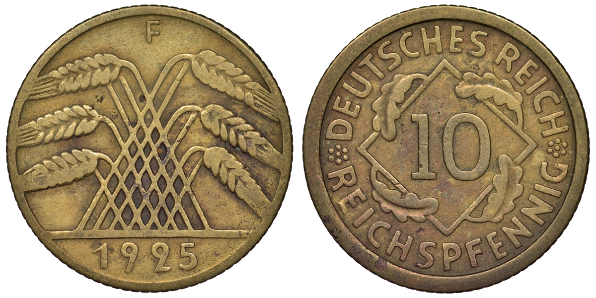 Германия 10 рейхспфеннигов 1925 F KM 40, J. 317 алюминиевая бронза 4121-914