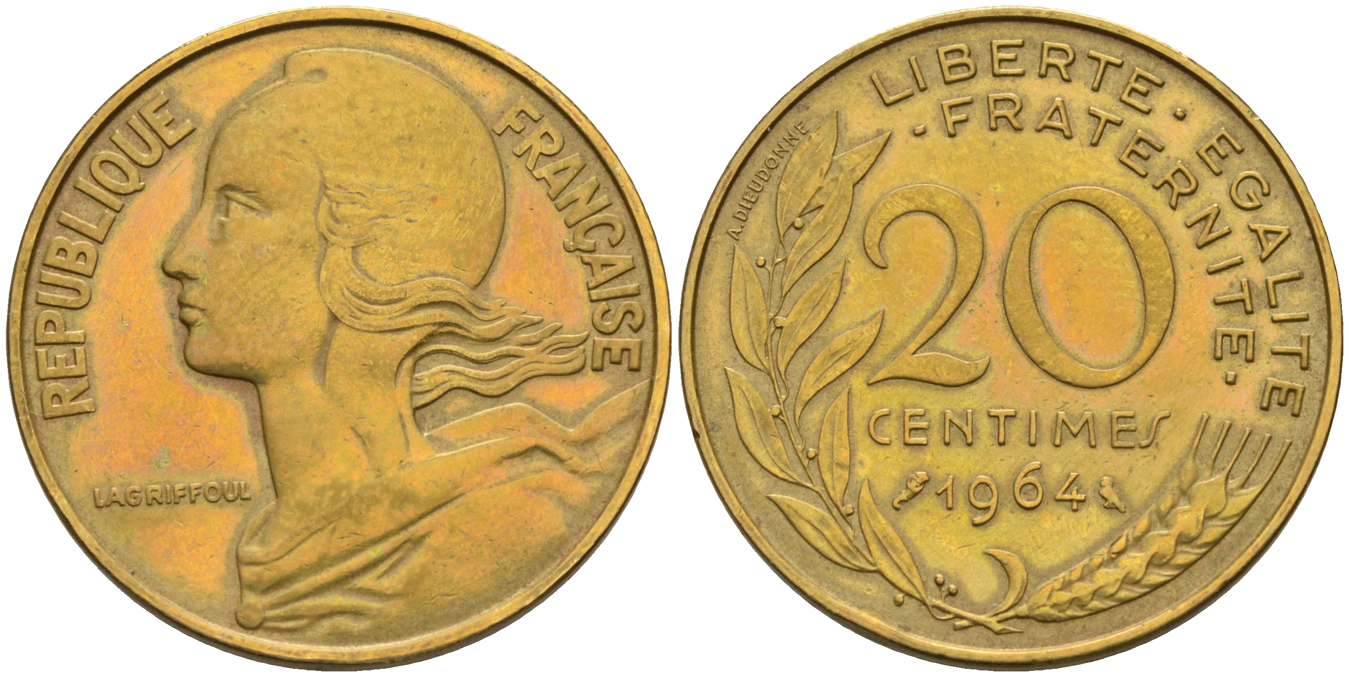 Франция 20 сантимов 1964 тип Marianne KM 930 медь алюминий никель    4595-1043