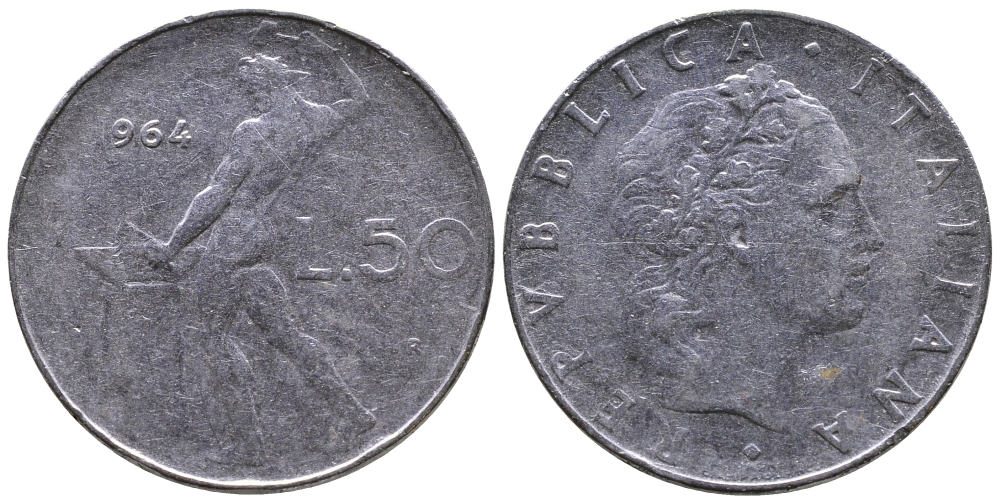 ИТАЛИЯ 50 ЛИР 1964 R, КУЗНЕЦ KM 95.1 сталь 3333-831