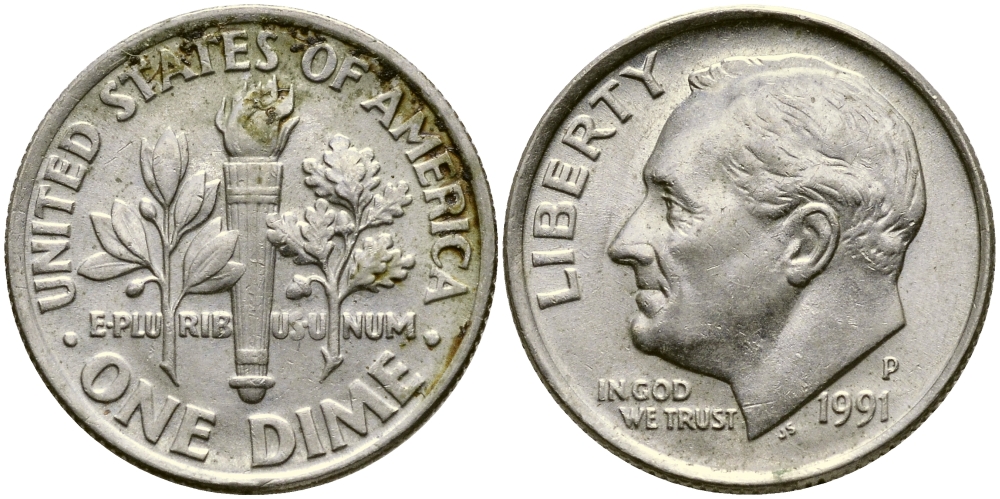 США 10 ЦЕНТОВ = 1 ДАЙМ 1991 P, РУЗВЕЛЬТ KM 195а медь плакированная медно-никелем 46-2228