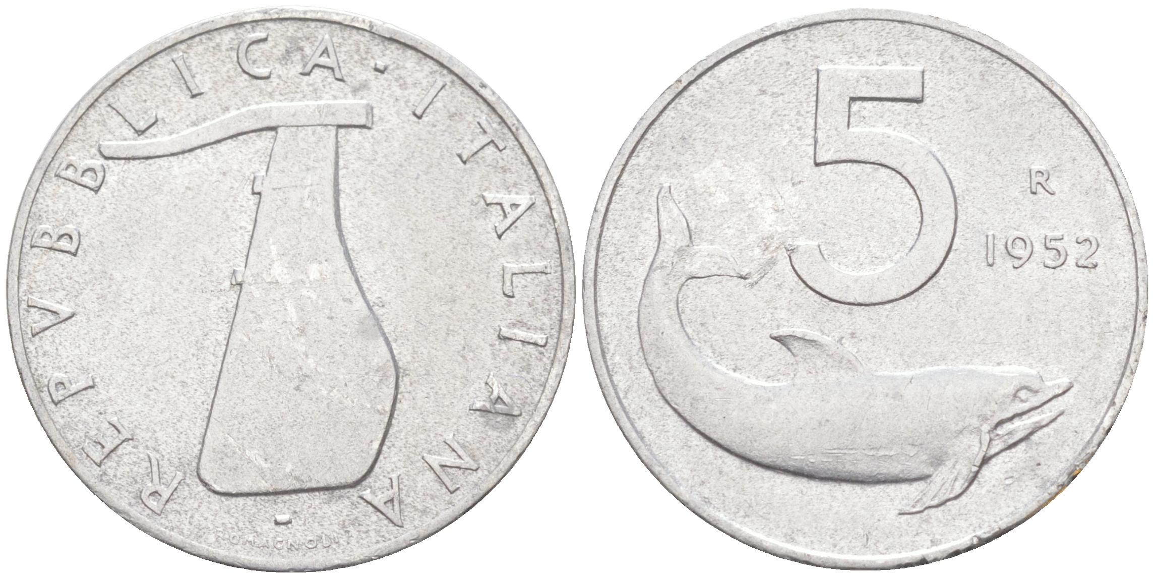 ИТАЛИЯ 5 ЛИР 1952 R, ПЛУГ KM 93 алюминий 3309-923