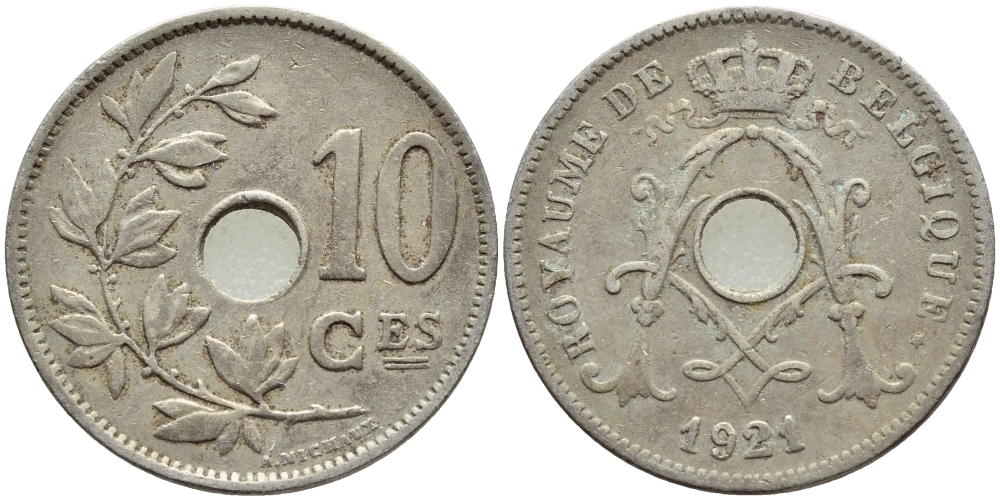 БЕЛЬГИЯ 10 САНТИМОВ 1921 BELGIQUE KM 85.1 медно-никель 4178-722