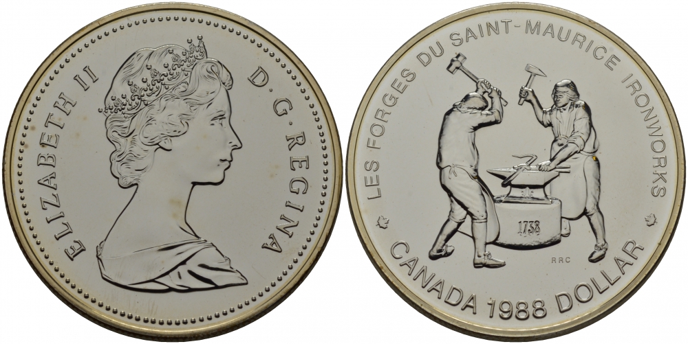 Канада 1 доллар 1988 250 лет кузницам Сен-Мориса, Елизавета II (1952-) KM 161 серебро UNC 1077-9-22