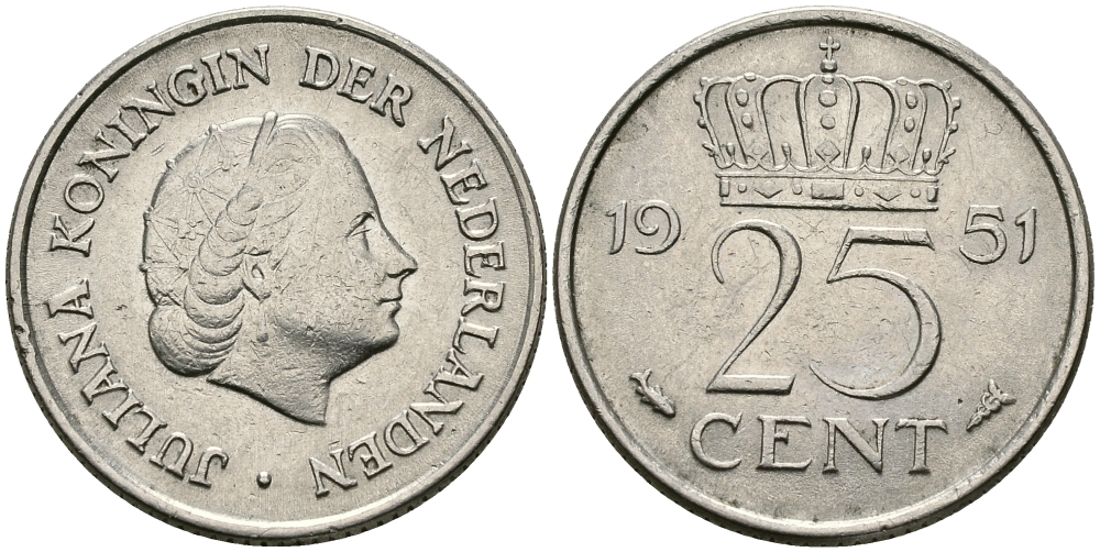 Нидерланды 25 центов 1951 Юлиана (1949-1980) KM 183 никель 96-125