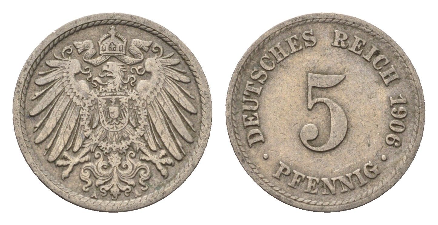 Германия 5 пфеннигов 1906 A KM 11, J. 12 медно-никель 4696-638