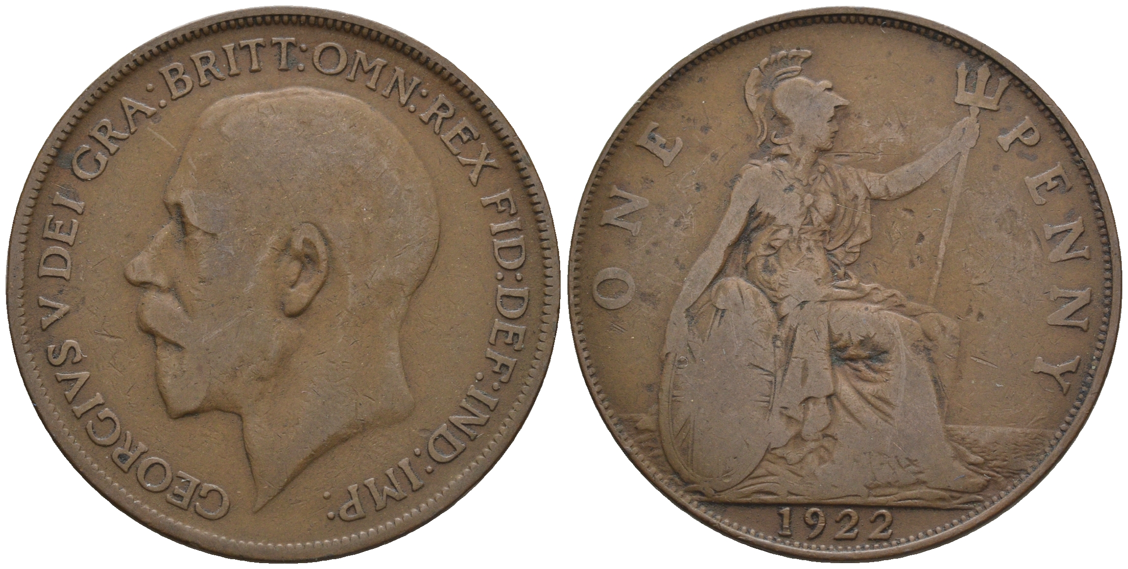 Великобритания 1 пенни 1922 Георг V (1910-1936) КМ 810, Spink 4051 бронза 4607-1042