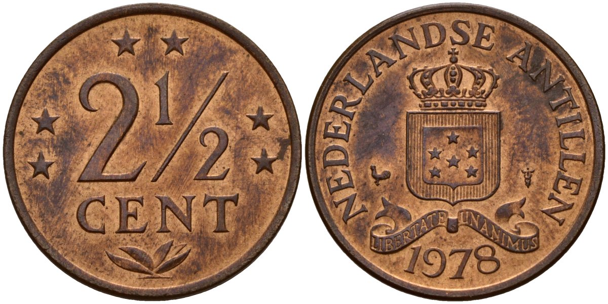Нидерландские Антилы 2 1/2 цента 1978 Юлиана (1948-1980) KM 9 бронза 4141-155