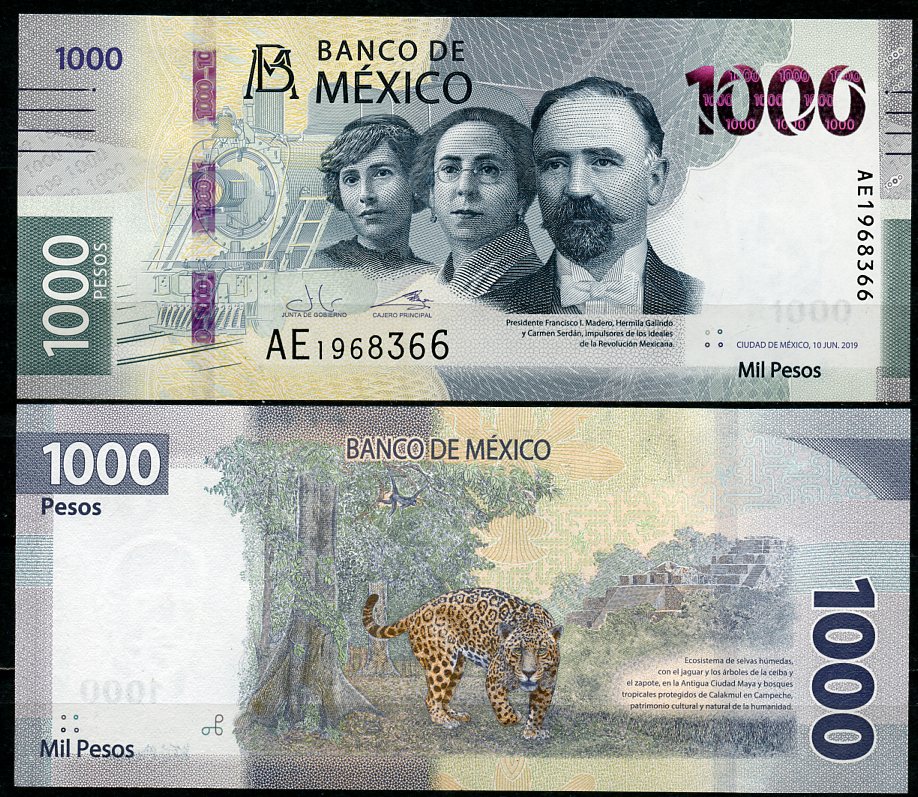 Мексика 1000 песо 2019 Гермила Галиндо, Кармен Сердан, Франсиско Игнасио Мадеро, паровоз № 279,  ягуар Pick 137 (2019-1)  бумага  UNC (пресс) 451-573-3