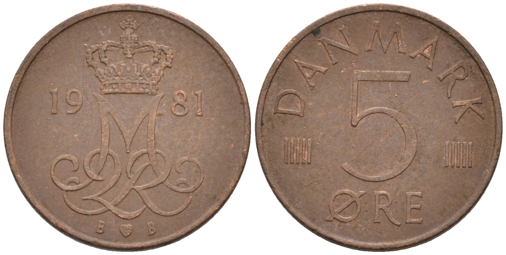 ДАНИЯ 5 ЭРЕ 1981 B; B, МАРГРЕТЕ II (1972-) KM 859.2 железо плакированное медью 4564-1167