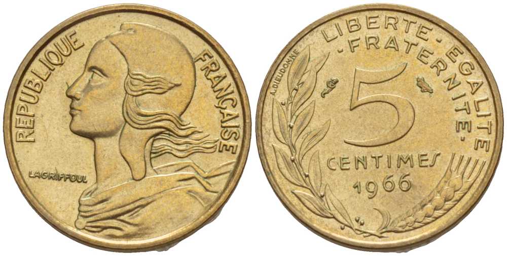 ФРАНЦИЯ 5 САНТИМОВ 1966 ТИП MARIANNE KM 933, LE FRANC 125.2 алюминиевая бронза 201-351
