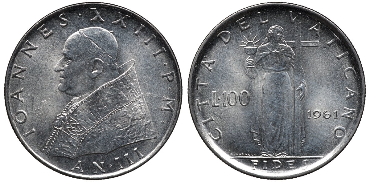 Ватикан 100 лир 1961 папа Иоанн XIII (1959-1962) KM 64.2 нержавеющая сталь UNC 4579-721