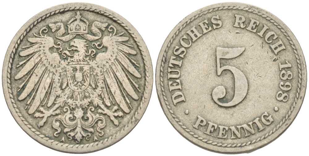 ГЕРМАНИЯ 5 ПФЕННИГОВ 1898 A KM 11, J. 12 медно-никель 105-219