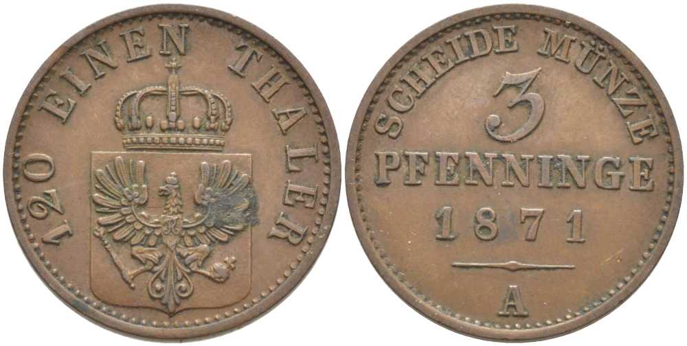 ПРУССИЯ 3 ПФЕННИГА 1871 А, ВИЛЬГЕЛЬМ I (1861-1888) KM 482 медь 117-1126