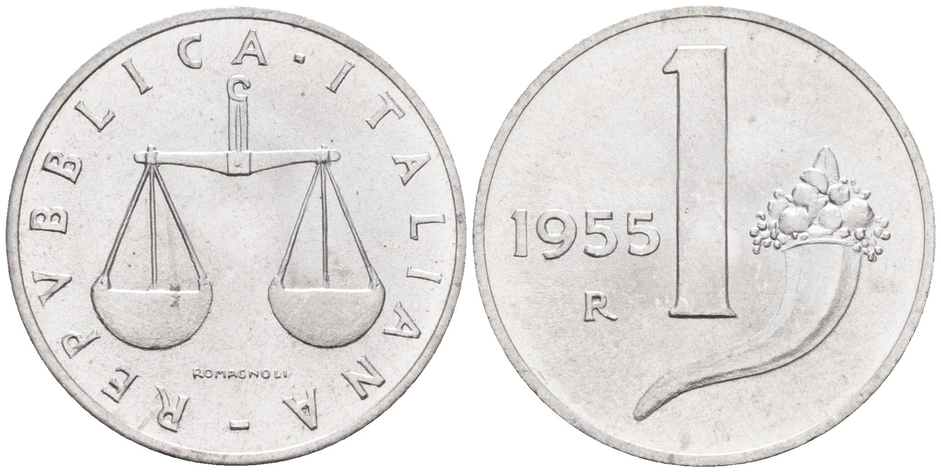 Италия 1 лира 1955 R, весы KM 91 алюминий  UNC  4594-648