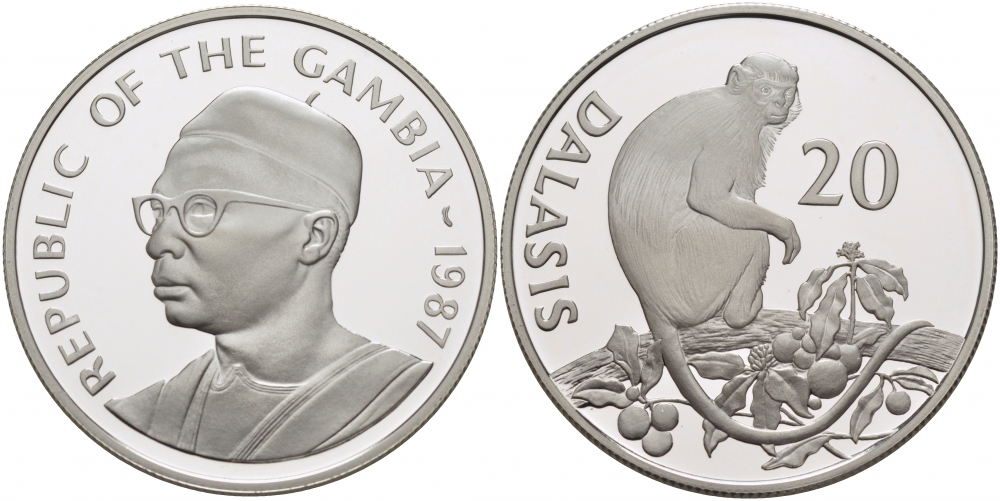 Гамбия 20 даласи 1987 серия защита окружающей среды, обезьяна, тираж 25000 экз. KM 24 серебро PROOF 01-146-35