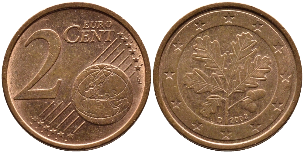 ГЕРМАНИЯ 2 ЕВРОЦЕНТА 2002 D KM 208 сталь плакированная медью 4387-1233