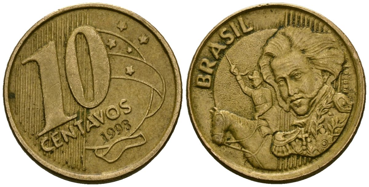 Бразилия 10 сентаво 1998 KM 649.2 сталь плакированная латунью 4167-254